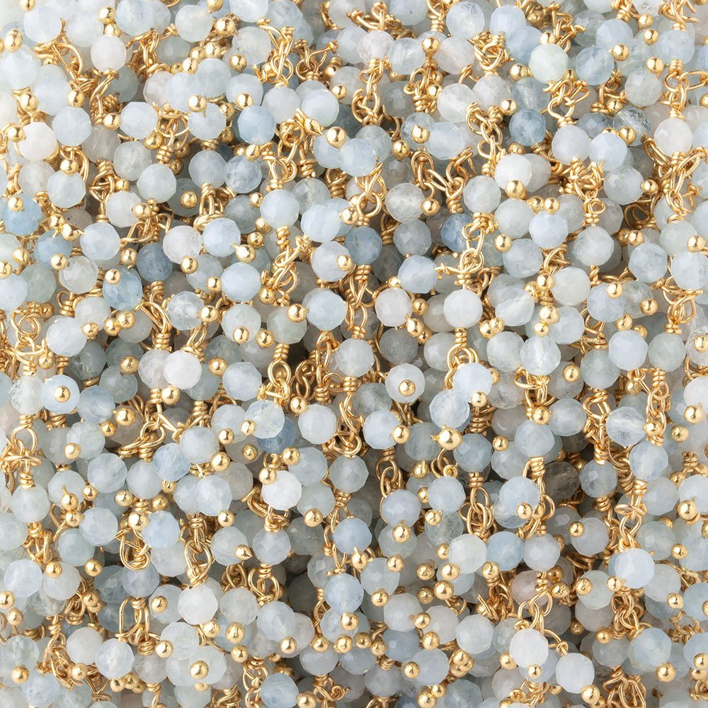 3mm Milky Aquamarine micro-faceted round Gold Dangling Chain by the foot (ONLINE ORDER ONLY)
