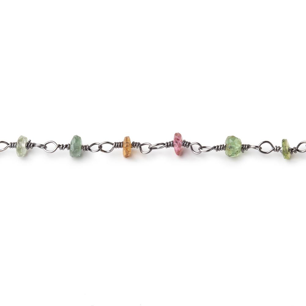 3mm Multi Color Tourmaline Faceted Rondelle Black Gold .925 Silver Chain by the foot (ONLINE ORDER ONLY)