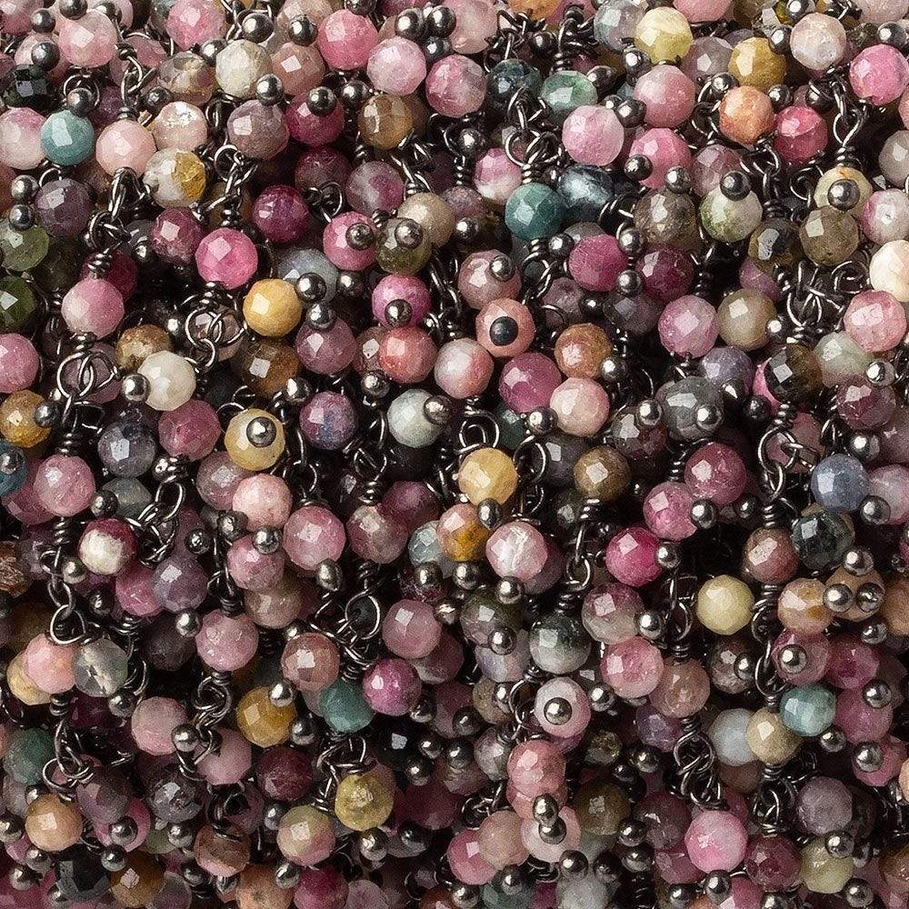 3mm Multi Color Tourmaline micro-faceted round Black Gold Dangling Chain by the foot (ONLINE ORDER ONLY)