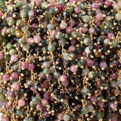 3mm Multi Color Tourmaline micro-faceted round Gold Dangling Chain by the foot (ONLINE ORDER ONLY)