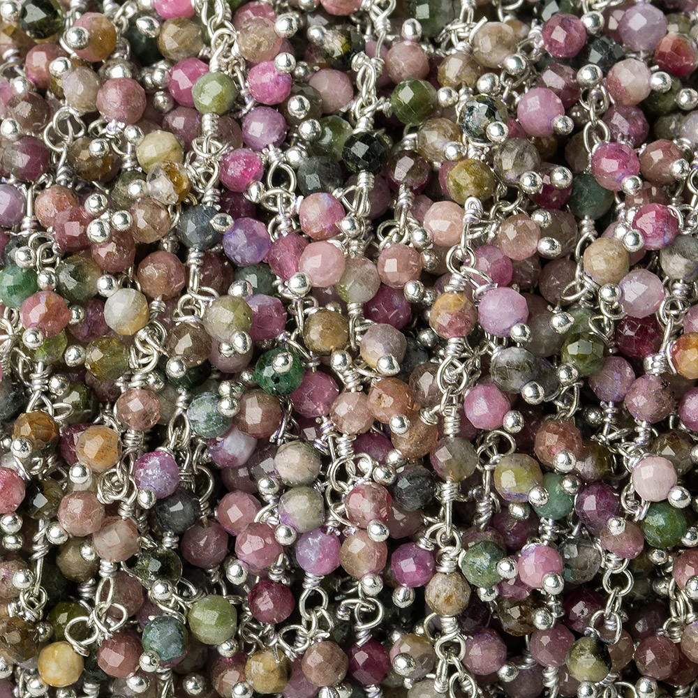 3mm Multi Color Tourmaline micro-faceted round Silver Dangling Chain by the foot (ONLINE ORDER ONLY)
