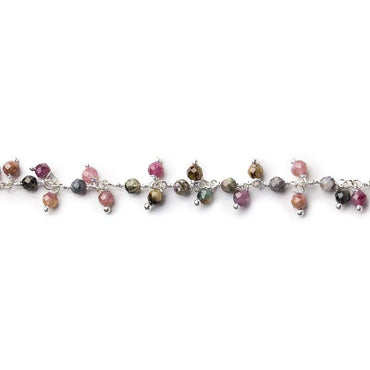 3mm Multi Color Tourmaline micro-faceted round Silver Dangling Chain by the foot (ONLINE ORDER ONLY)