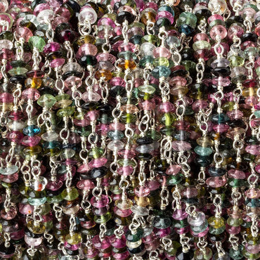 3mm Multi Color Tourmaline Rondelle Trio Silver .925 Chain by the foot 90 beads per (ONLINE ORDER ONLY)