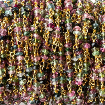 3mm Multi Color Tourmaline Rondelle Trio Vermeil Chain by the foot 90 beads per (ONLINE ORDER ONLY)