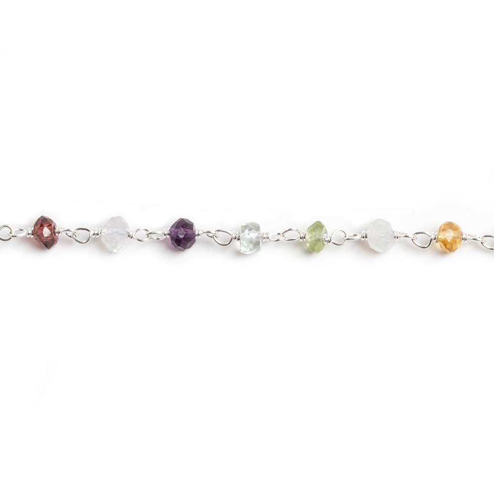 3mm Multi Gemstone faceted rondelle .925 Silver Chain by the foot 33 beads (ONLINE ORDER ONLY)