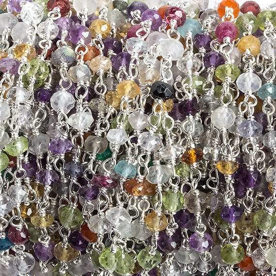 3mm Multi Gemstone faceted rondelle .925 Silver Chain by the foot 33 beads (ONLINE ORDER ONLY)