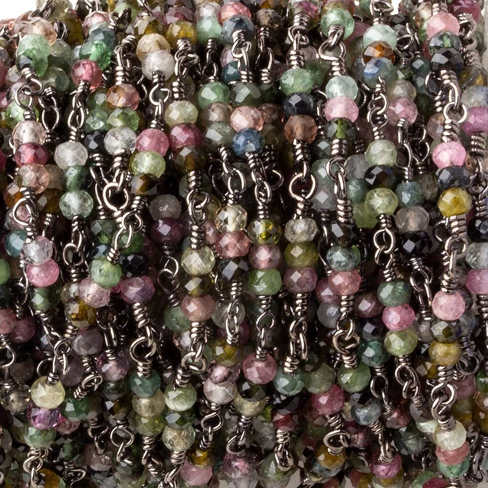 3mm Multi Tourmaline micro faceted round Trio Black Gold Chain by the foot 73 beads per (ONLINE ORDER ONLY)