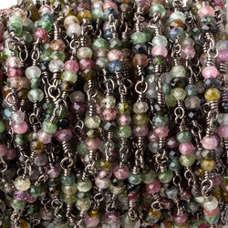 3mm Multi Tourmaline micro faceted round Trio Black Gold Chain by the foot 73 beads per (ONLINE ORDER ONLY)