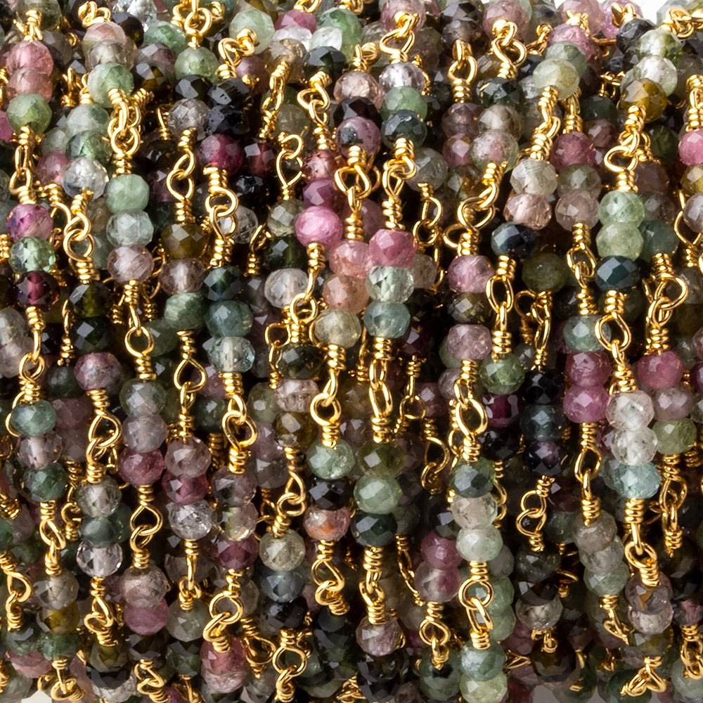 3mm Multi Tourmaline micro faceted round Trio Gold Chain by the foot 73 beads per (ONLINE ORDER ONLY)