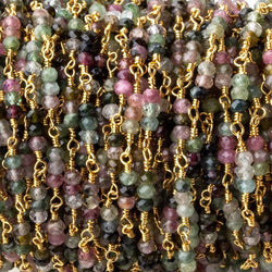 3mm Multi Tourmaline micro faceted round Trio Gold Chain by the foot 73 beads per (ONLINE ORDER ONLY)