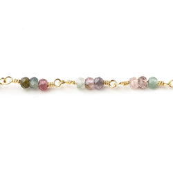 3mm Multi Tourmaline micro faceted round Trio Gold Chain by the foot 73 beads per (ONLINE ORDER ONLY)