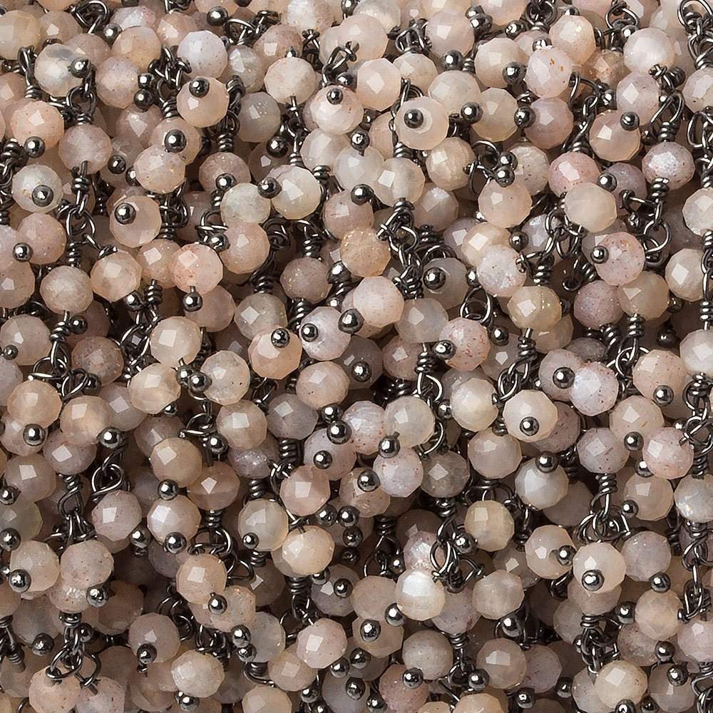 3mm Peach Moonstone micro-faceted round Black Gold Dangling Chain by the foot (ONLINE ORDER ONLY)