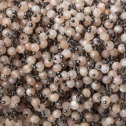3mm Peach Moonstone micro-faceted round Black Gold Dangling Chain by the foot (ONLINE ORDER ONLY)