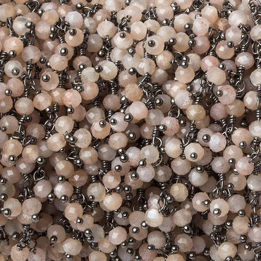 3mm Peach Moonstone micro-faceted round Black Gold Dangling Chain by the foot (ONLINE ORDER ONLY)