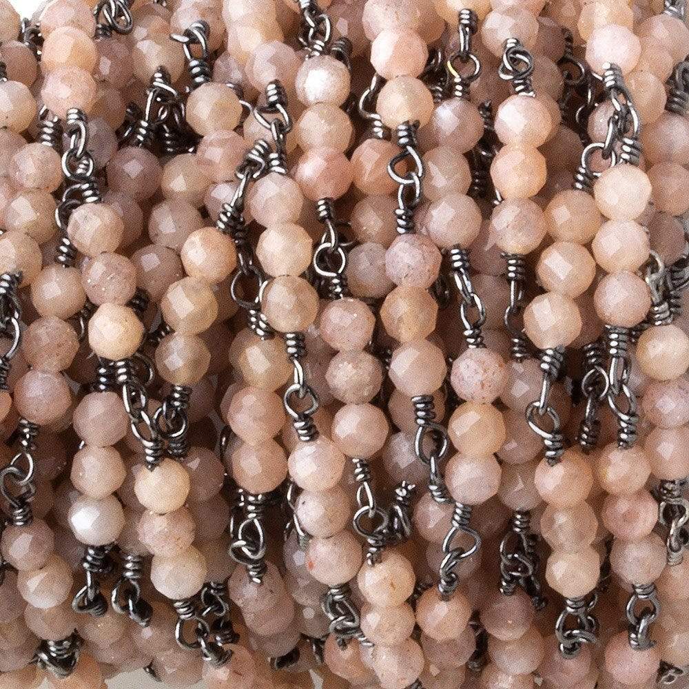 3mm Peach Moonstone micro faceted round Trio Black Gold Chain by the foot 73 beads per (ONLINE ORDER ONLY)