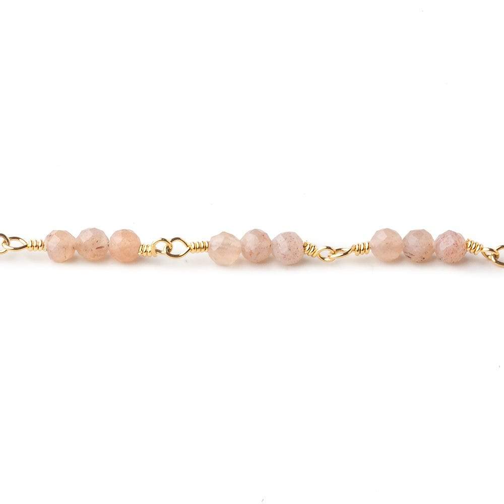 3mm Peach Moonstone micro faceted round Trio Gold Chain by the foot 73 beads per (ONLINE ORDER ONLY)
