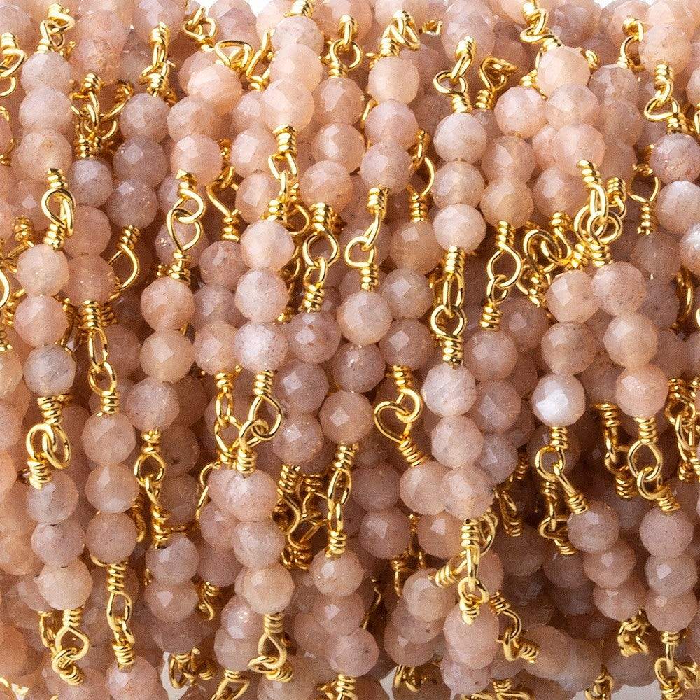 3mm Peach Moonstone micro faceted round Trio Gold Chain by the foot 73 beads per (ONLINE ORDER ONLY)