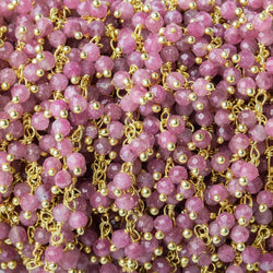 3mm Pink Tourmaline micro-faceted round Gold Dangling Chain by the foot (ONLINE ORDER ONLY)