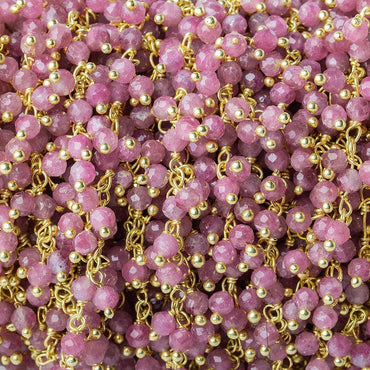 3mm Pink Tourmaline micro-faceted round Gold Dangling Chain by the foot (ONLINE ORDER ONLY)