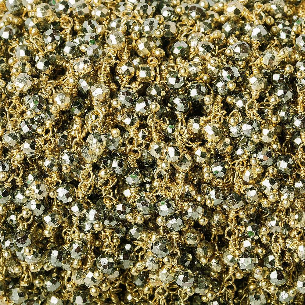 3mm Pyrite & Gold plated Pyrite micro-faceted round Gold Dangling Chain by the foot (ONLINE ORDER ONLY)