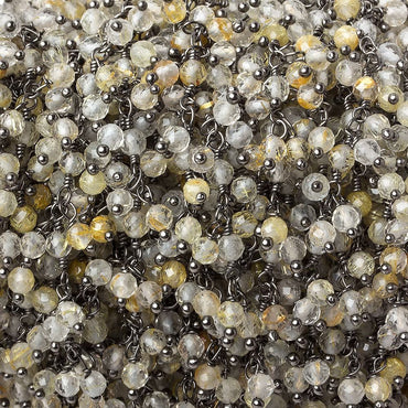 3mm Rutilated Quartz micro-faceted round Black Gold Dangling Chain by the foot (ONLINE ORDER ONLY)