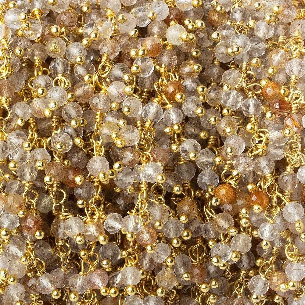 3mm Rutilated Quartz micro-faceted round Gold Dangling Chain by the foot (ONLINE ORDER ONLY)