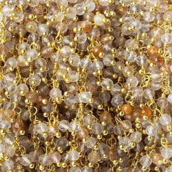 3mm Rutilated Quartz micro-faceted round Gold Dangling Chain by the foot (ONLINE ORDER ONLY)