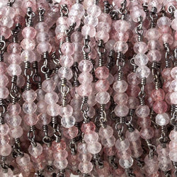 3mm Strawberry Quartz micro faceted round Trio Black Gold Chain by the foot 73 beads per (ONLINE ORDER ONLY)