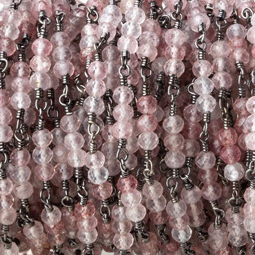 3mm Strawberry Quartz micro faceted round Trio Black Gold Chain by the foot 73 beads per (ONLINE ORDER ONLY)
