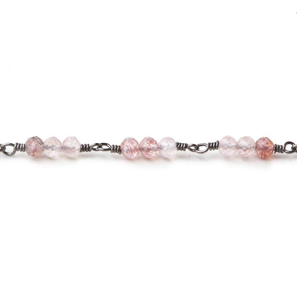 3mm Strawberry Quartz micro faceted round Trio Black Gold Chain by the foot 73 beads per (ONLINE ORDER ONLY)