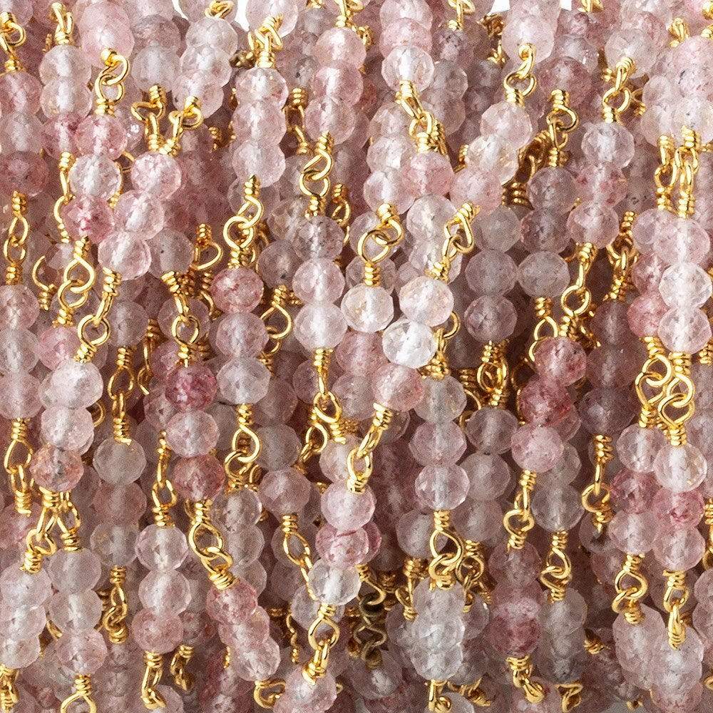 3mm Strawberry Quartz micro faceted round Trio Gold Chain by the foot 73 beads per (ONLINE ORDER ONLY)
