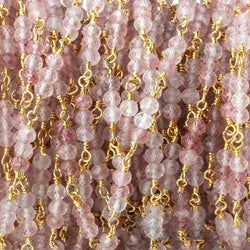 3mm Strawberry Quartz micro faceted round Trio Gold Chain by the foot 73 beads per (ONLINE ORDER ONLY)