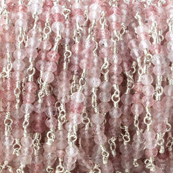 3mm Strawberry Quartz micro faceted round Trio Silver Chain by the foot 73 beads per (ONLINE ORDER ONLY)