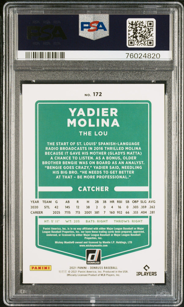 2021 PANINI DONRUSS YADIER MOLINA SP #172 - PSA 10 (Online Order Only)