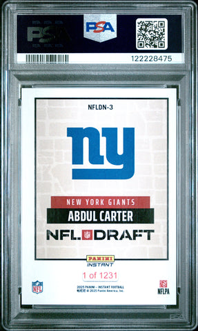 Graded 2025 Panini Instant Abdul Carter #NFLDN3 NFL Draft Night Rookie RC Football Card PSA 10 Gem Mint (ONLINE ORDER ONLY)