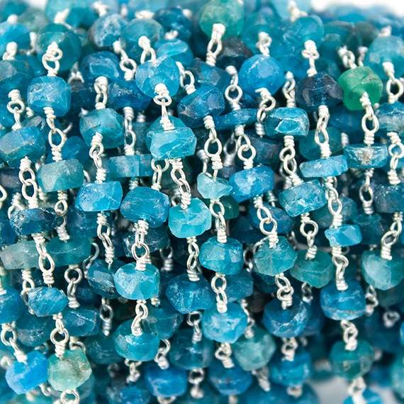 4-4.5mm Frosted Neon Apatite plain rondelle Silver plated Chain by the foot (ONLINE ORDER ONLY)