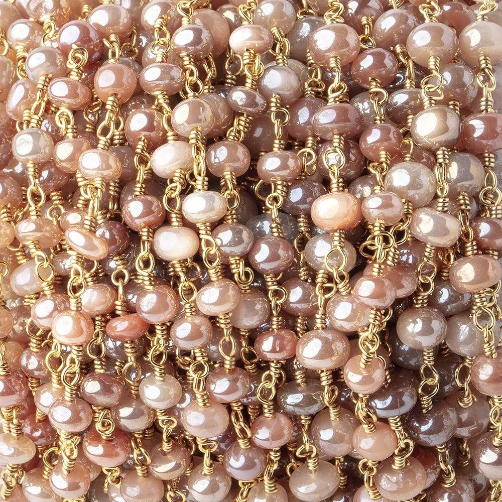4-5mm Mystic Angel Skin Moonstone Plain Rondelles on Gold Plated Chain by the Foot (ONLINE ORDER ONLY)