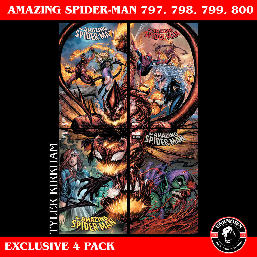 [4 PACK] AMAZING SPIDER-MAN #797, #798, #799, #800 UNKNOWN COMICS CONNECTING COVERS KIRKHAM 2018 (ONLINE ORDER ONLY)