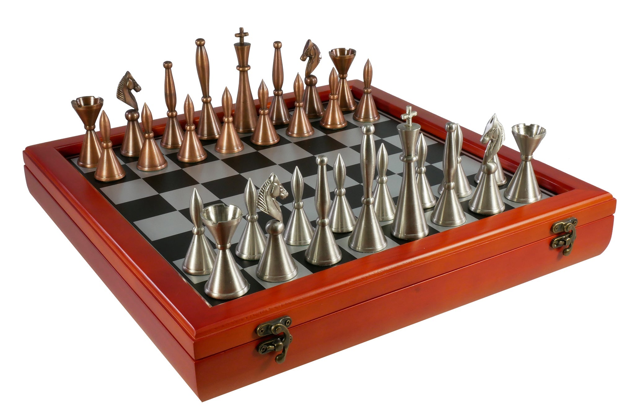 Chess Set - Solid Brass Art Deco Chessmen on Cherry Stained Chest (ONLINE ORDER ONLY)