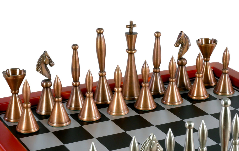 Chess Set - Solid Brass Art Deco Chessmen on Cherry Stained Chest (ONLINE ORDER ONLY)