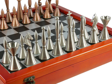 Chess Set - Solid Brass Art Deco Chessmen on Cherry Stained Chest (ONLINE ORDER ONLY)