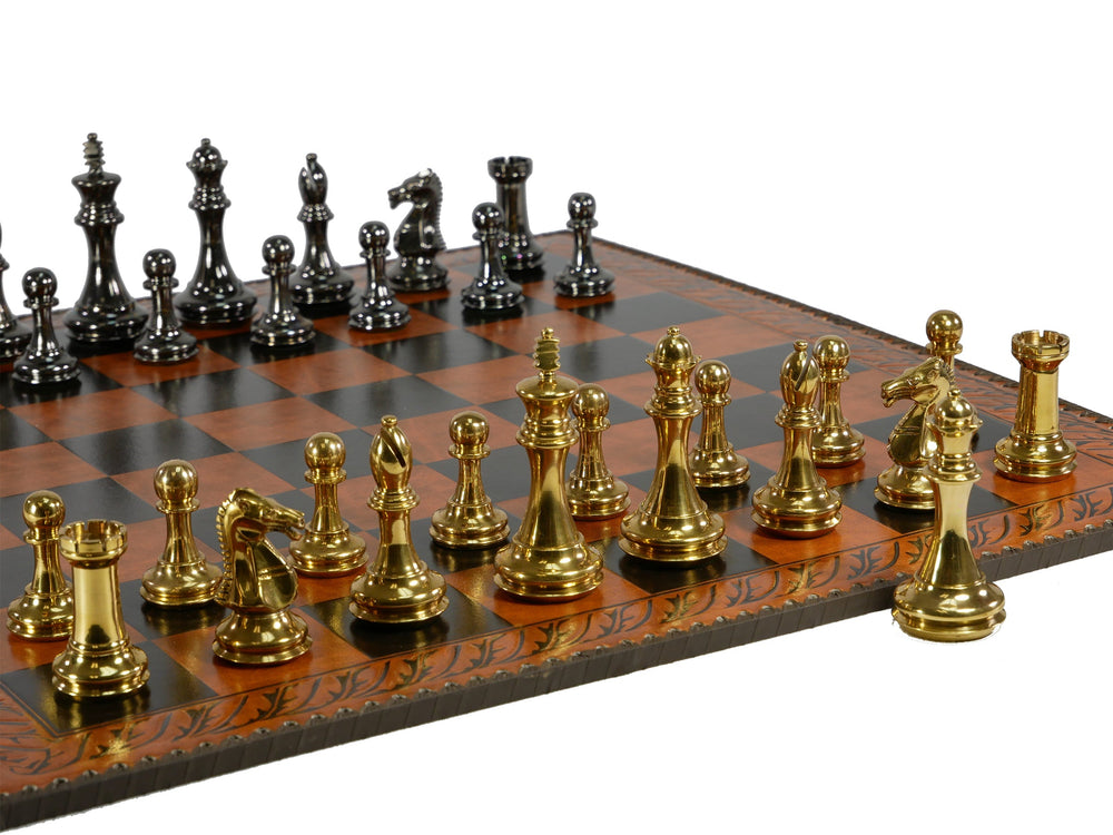 Chess Set - Solid Brass Staunton Pieces on 23" Brown & Black Faux Leather Board (ONLINE ORDER ONLY)