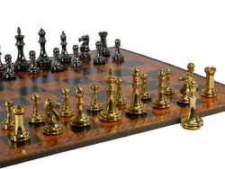 Chess Set - Solid Brass Staunton Pieces on 23" Brown & Black Faux Leather Board (ONLINE ORDER ONLY)