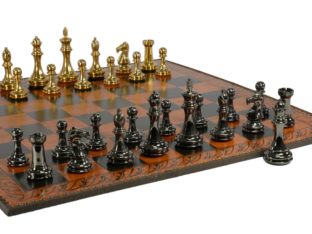 Chess Set - Solid Brass Staunton Pieces on 23" Brown & Black Faux Leather Board (ONLINE ORDER ONLY)