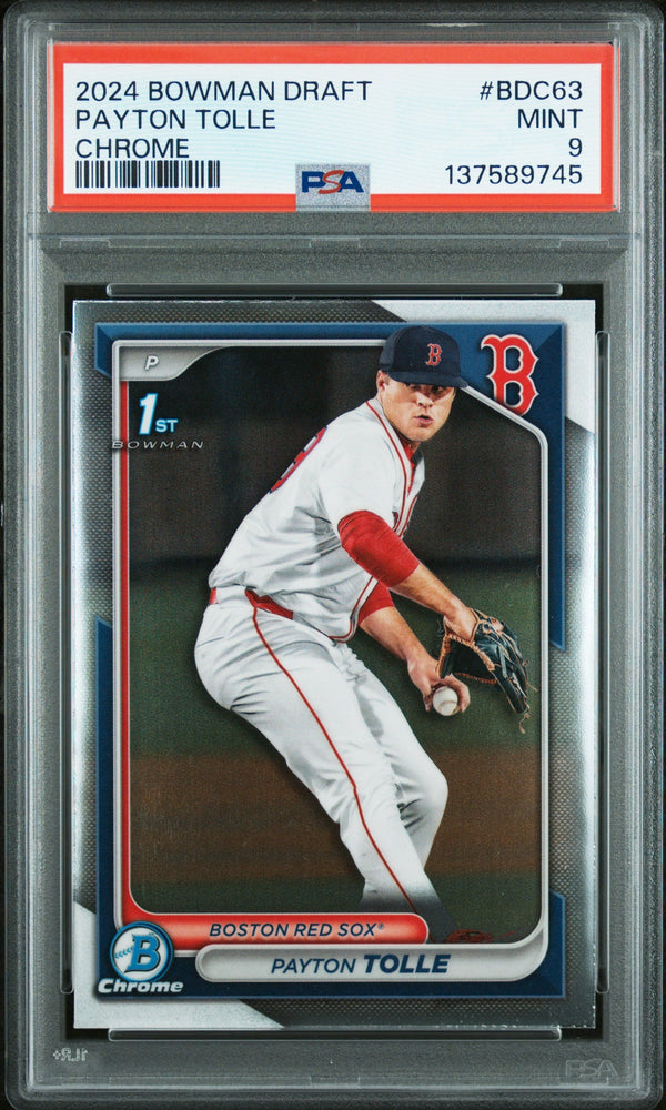 Graded 2024 Topps Bowman Draft Payton Tolle #BDC-63 Chrome Rookie RC Baseball Card PSA 9 Mint (ONLINE ORDER ONLY)