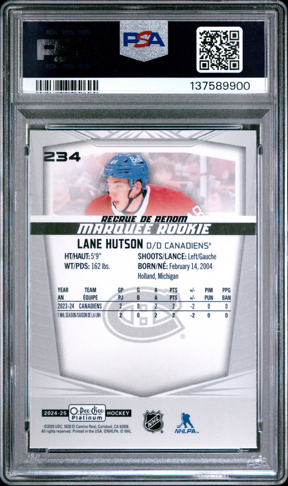 Graded 2024 O-Pee-Chee Platinum Lane Hutson #234 Rookie RC Hockey Card PSA 9 Mint (ONLINE ORDER ONLY)