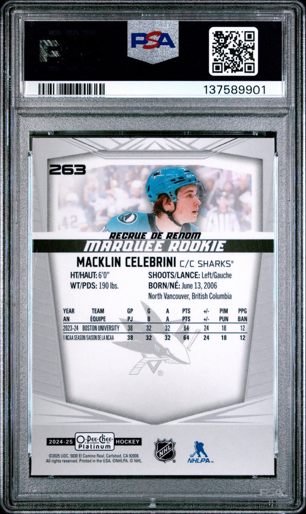 Graded 2024 O-Pee-Chee Platinum Macklin Celebrini #263 Rookie RC Hockey Card PSA 10 Gem Mint (ONLINE ORDER ONLY)