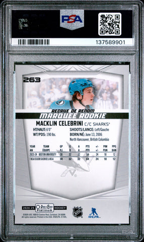 Graded 2024 O-Pee-Chee Platinum Macklin Celebrini #263 Rookie RC Hockey Card PSA 10 Gem Mint (ONLINE ORDER ONLY)