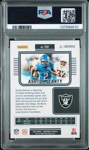 Graded 2025 Panini Luminance Ashton Jeanty #108 Rookie RC Football Card PSA 10 Gem Mint (ONLINE ORDER ONLY)