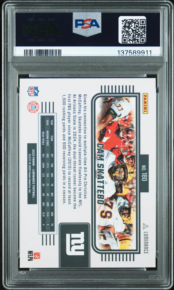 Graded 2025 Panini Luminance Cam Skattebo #180 Rookie RC Football Card PSA 9 Mint (ONLINE ORDER ONLY)